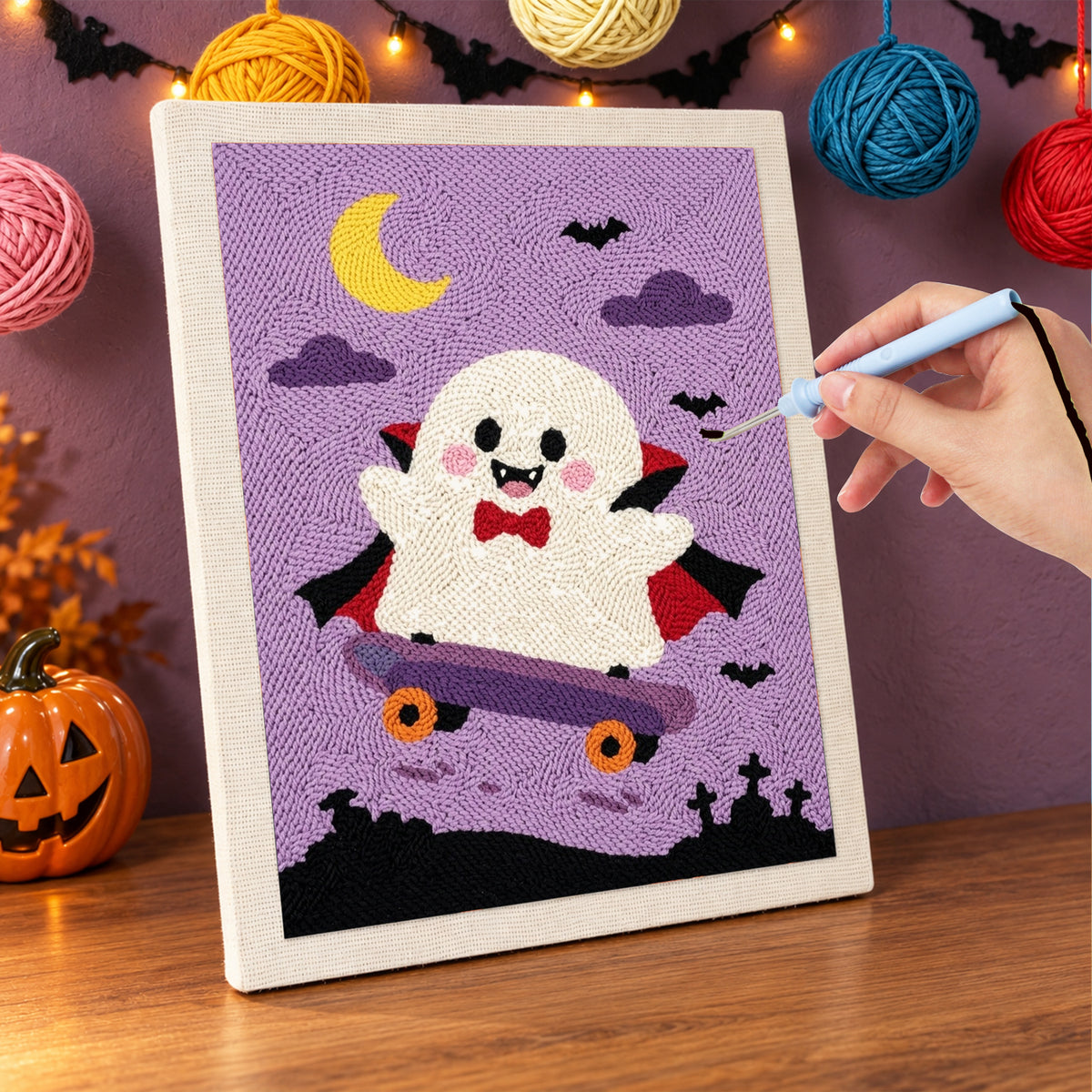 Punching the Vampire Ghost Skater design with the punch needle