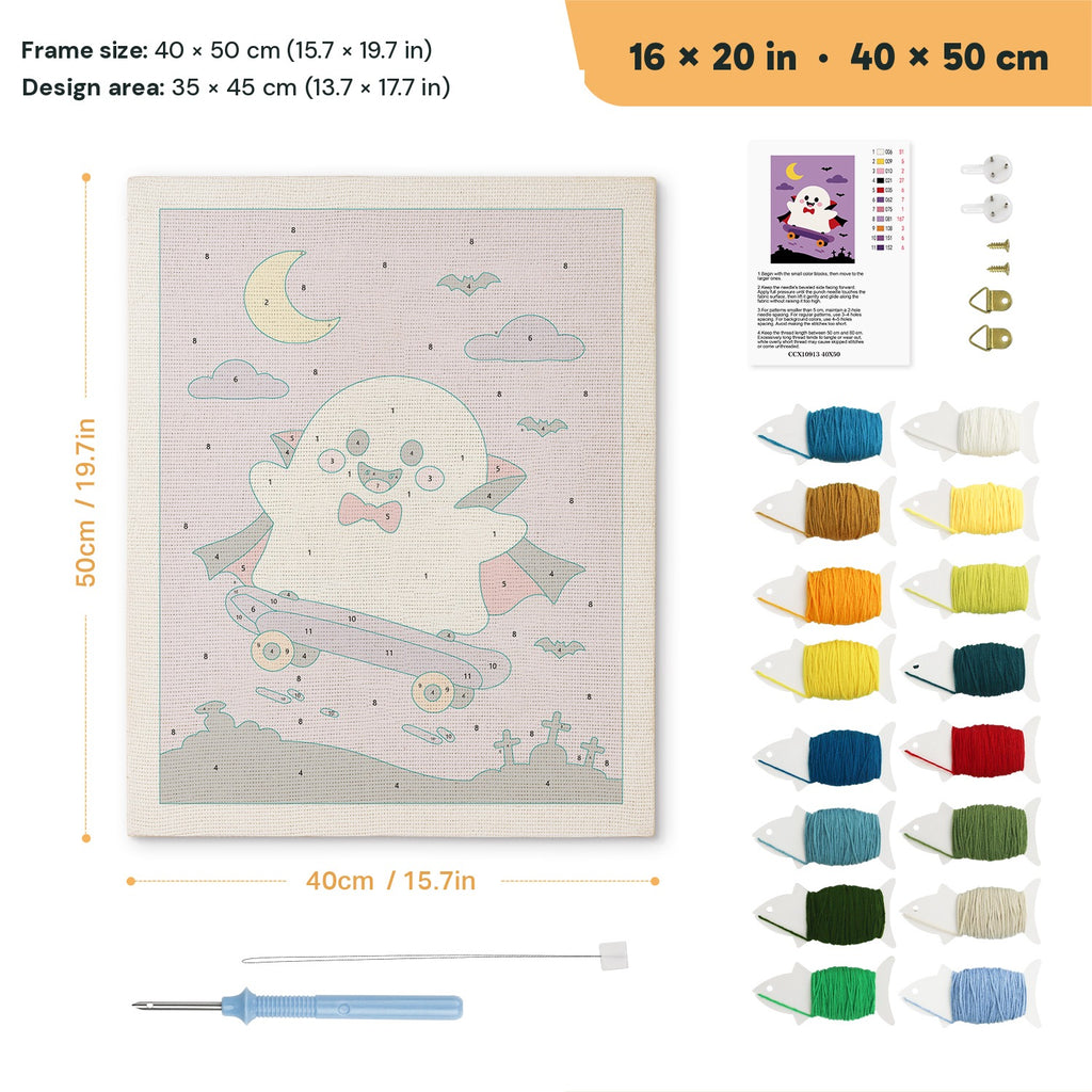 Vampire Ghost Skater punch needle kit, 16 × 20 in (40 × 50 cm): canvas size and kit contents