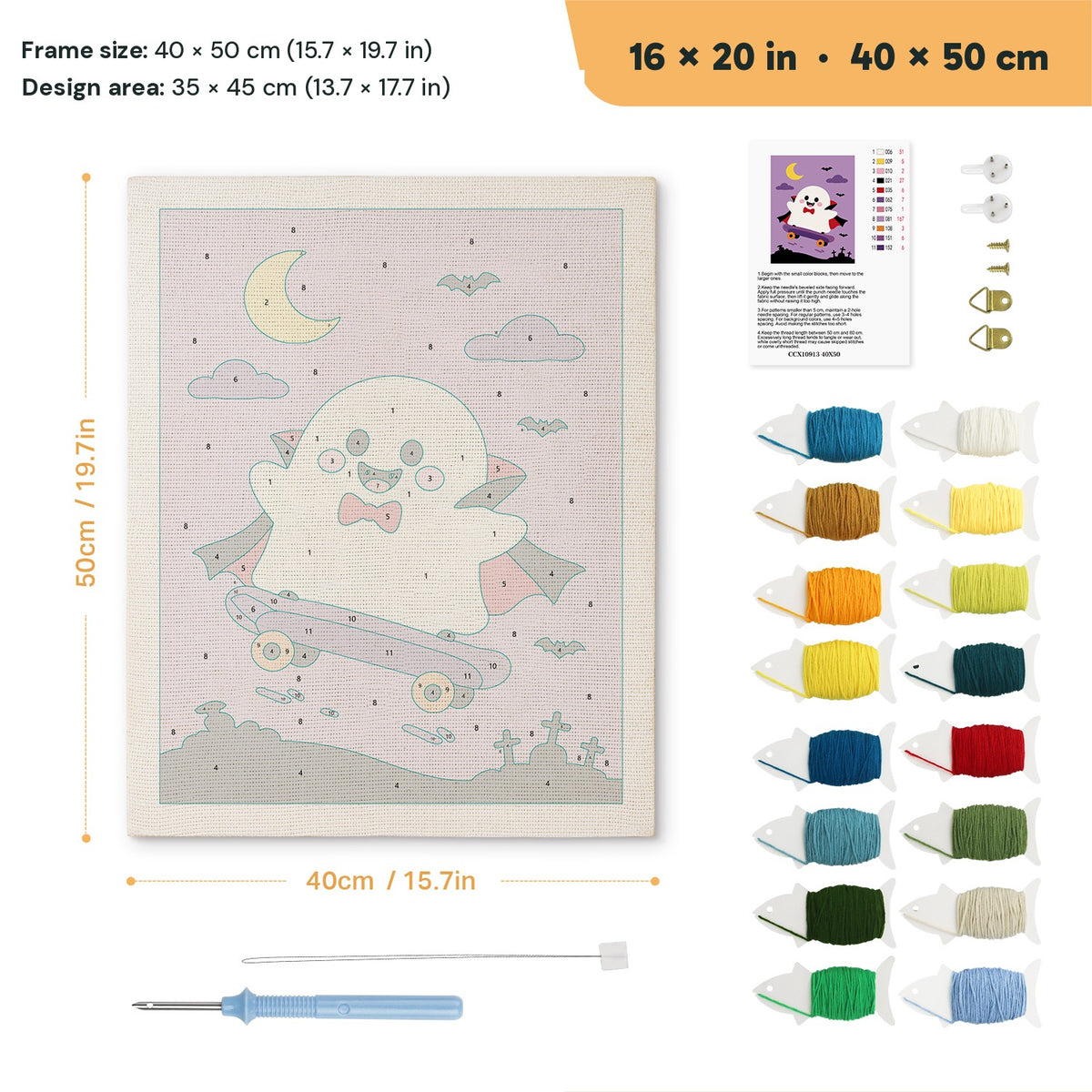 Vampire Ghost Skater punch needle kit, 16 × 20 in (40 × 50 cm): canvas size and kit contents