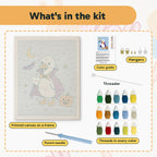 What is in the Vampire Goose kit: printed canvas, punch needle, threader, threads, color guide and hangers