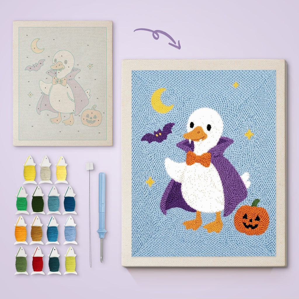 Vampire Goose canvas before and after punching, with the threads and tools
