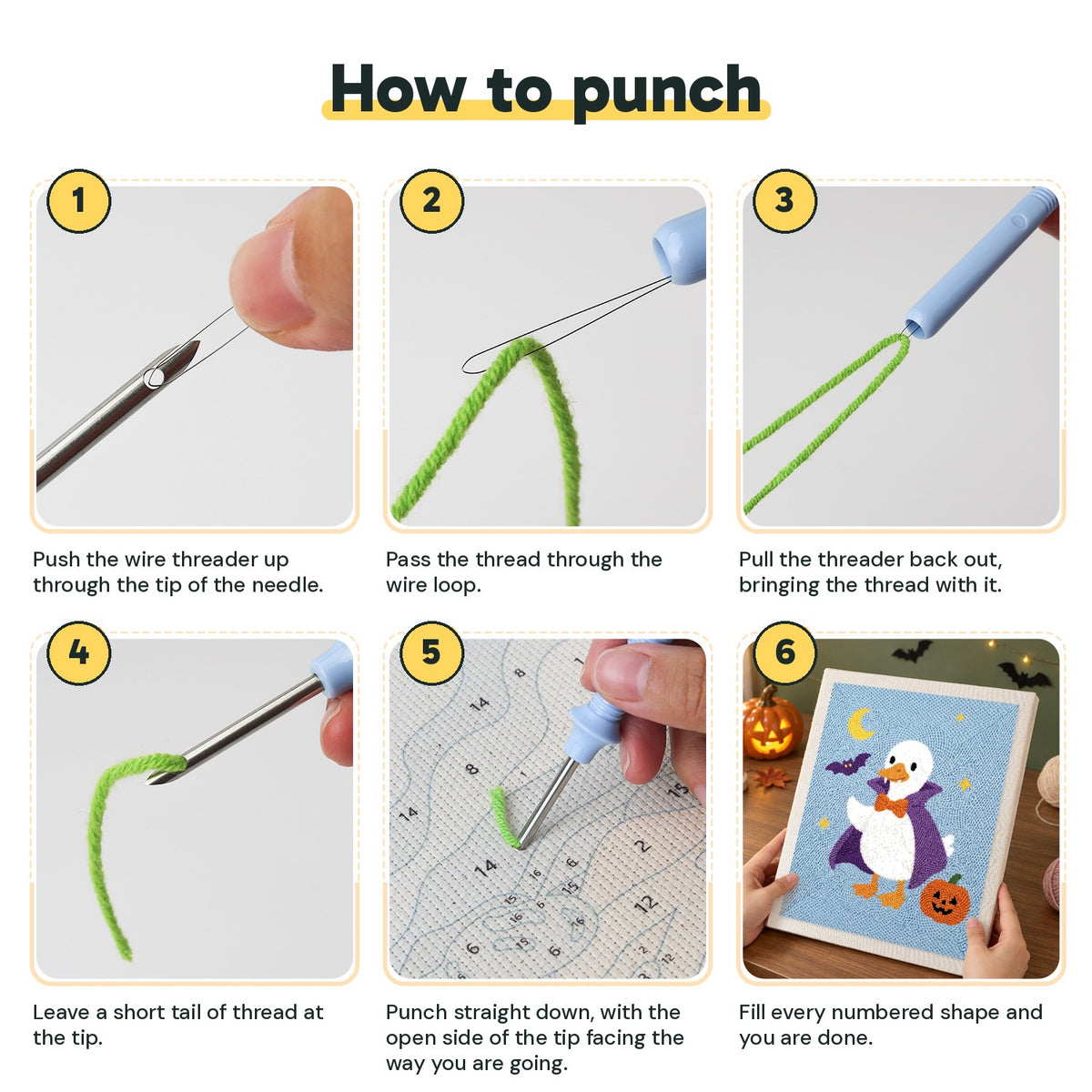 Six steps showing how to thread and use the punch needle