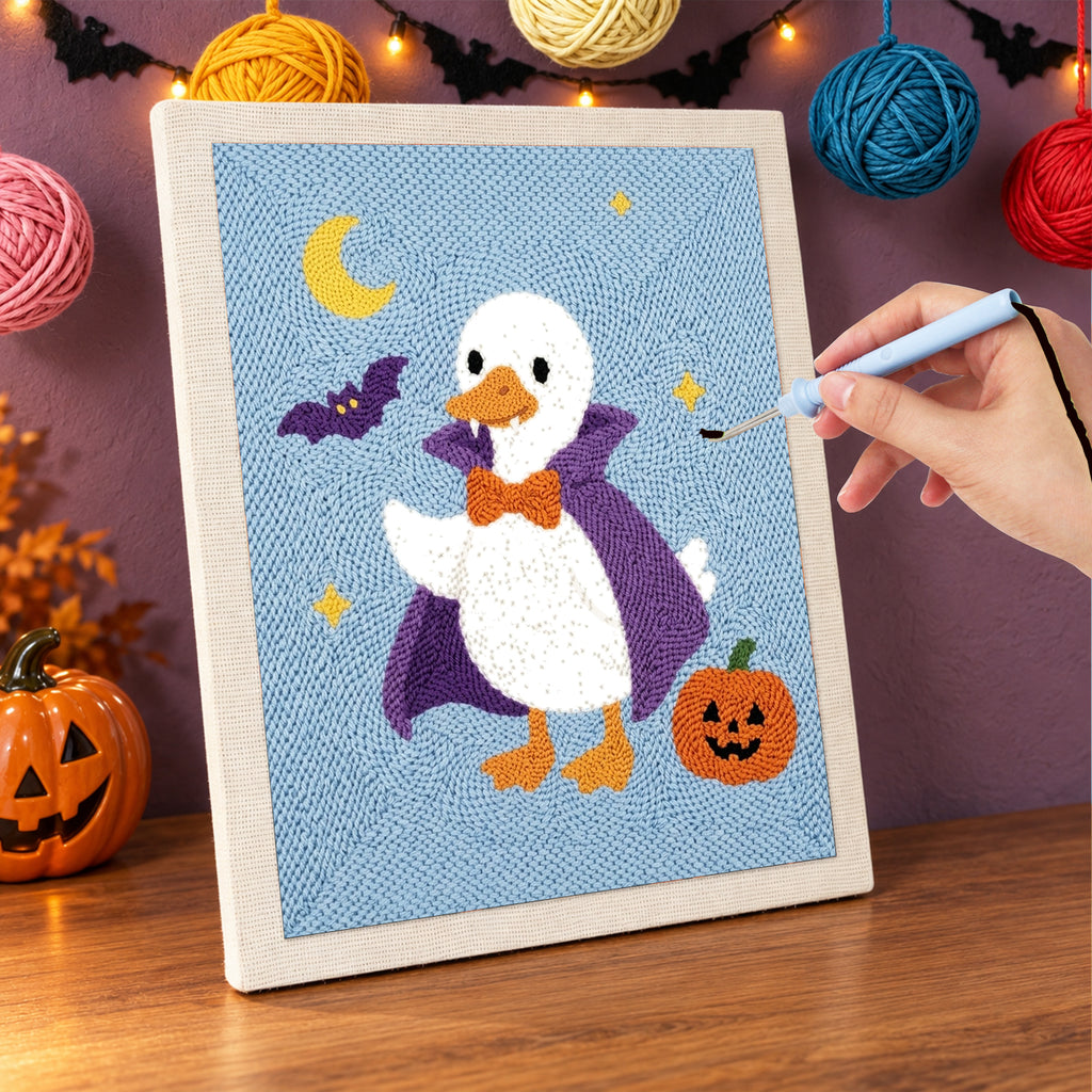 Punching the Vampire Goose design with the punch needle