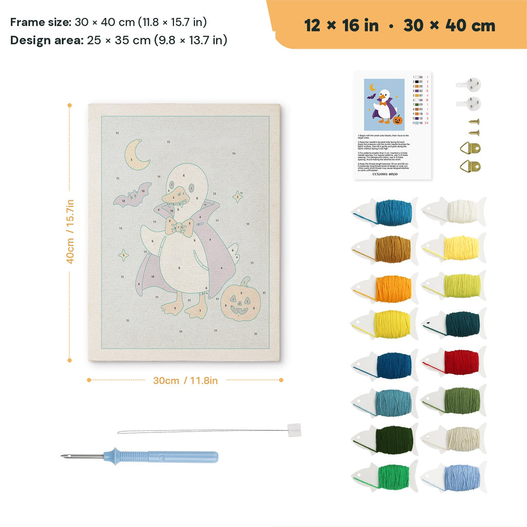 Vampire Goose punch needle kit, 12 × 16 in (30 × 40 cm): canvas size and kit contents