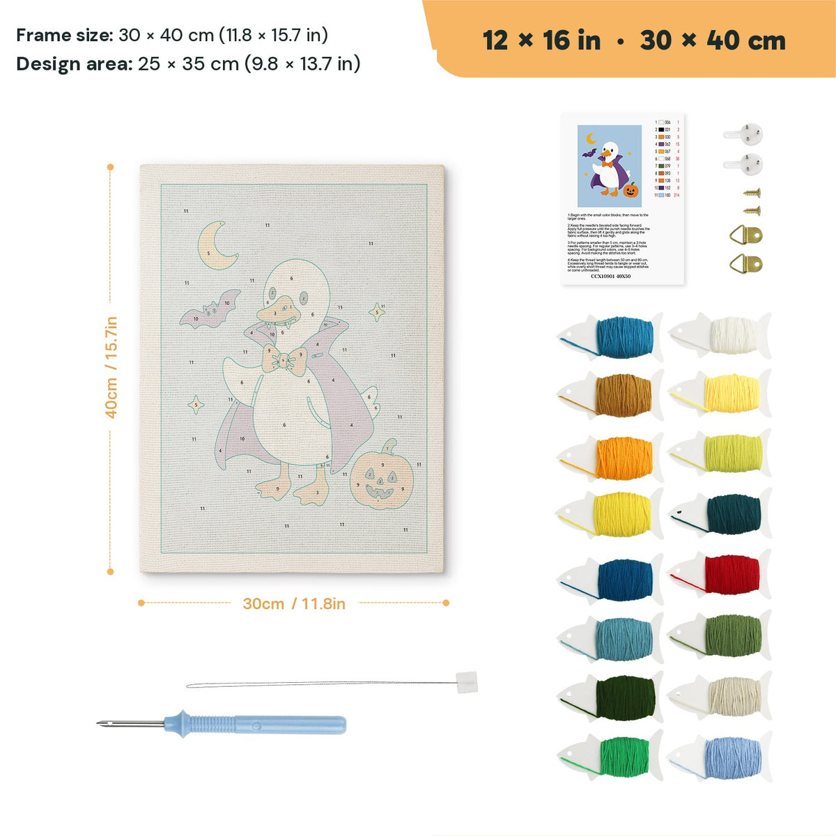 Vampire Goose punch needle kit, 12 × 16 in (30 × 40 cm): canvas size and kit contents