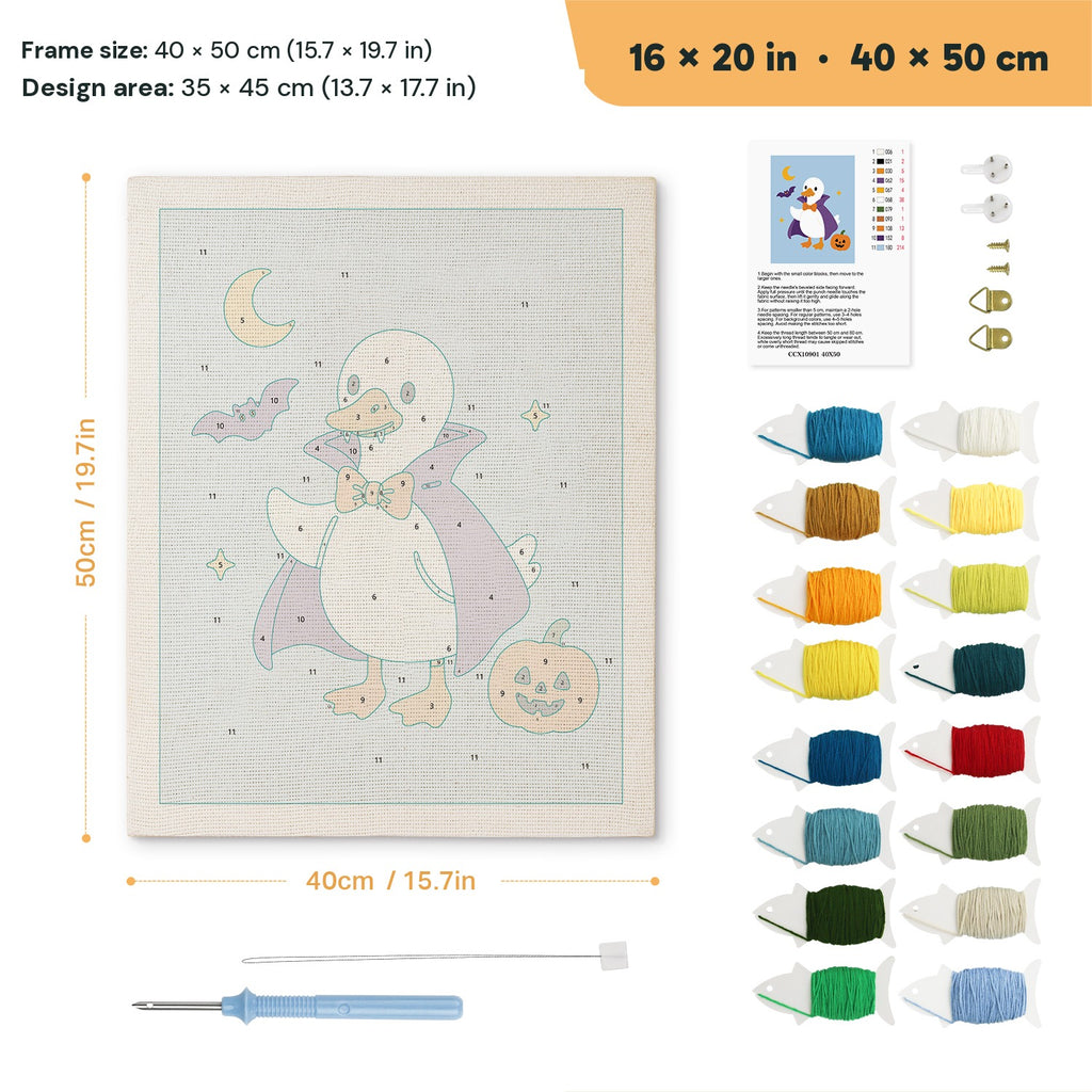 Vampire Goose punch needle kit, 16 × 20 in (40 × 50 cm): canvas size and kit contents