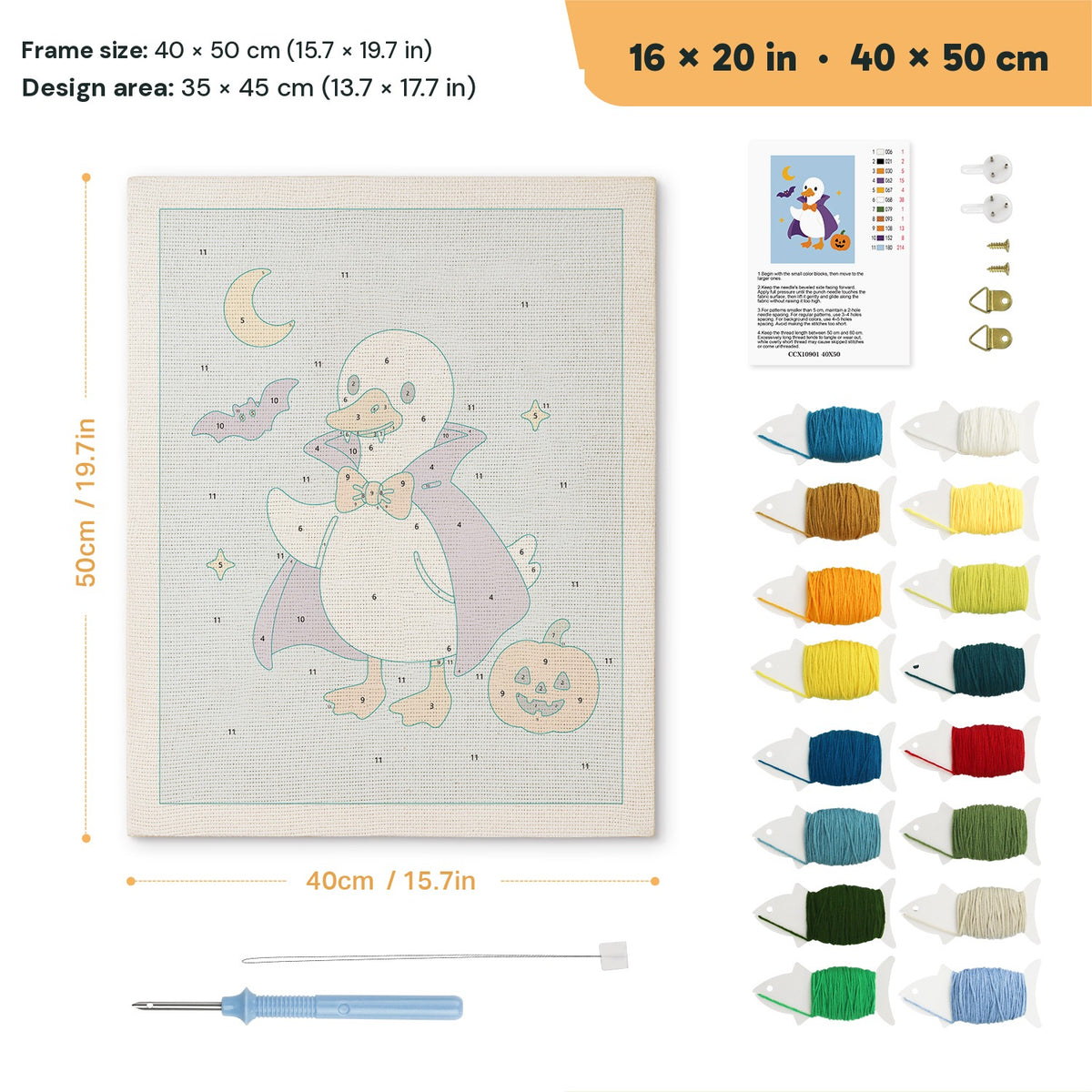 Vampire Goose punch needle kit, 16 × 20 in (40 × 50 cm): canvas size and kit contents