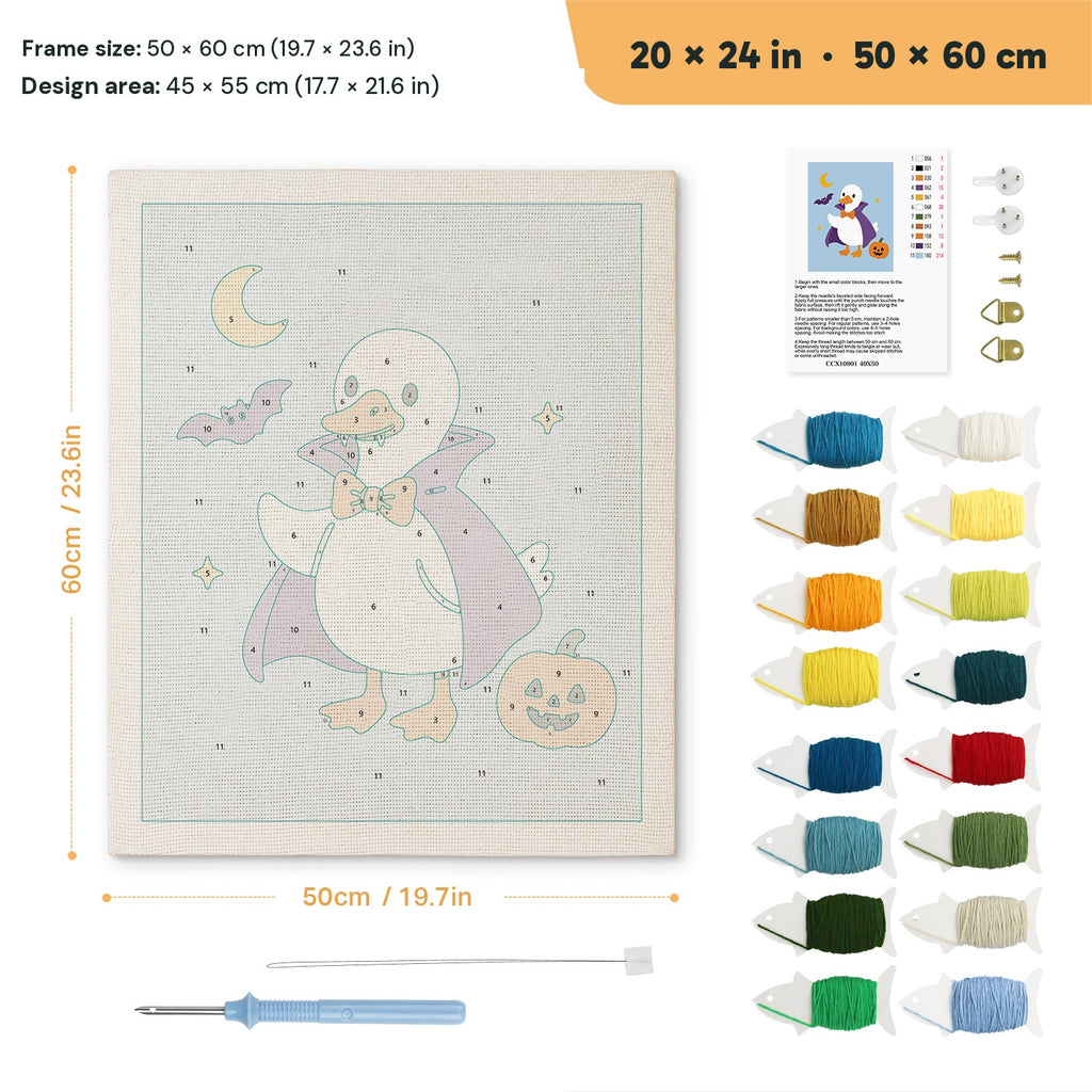 Vampire Goose punch needle kit, 20 × 24 in (50 × 60 cm): canvas size and kit contents