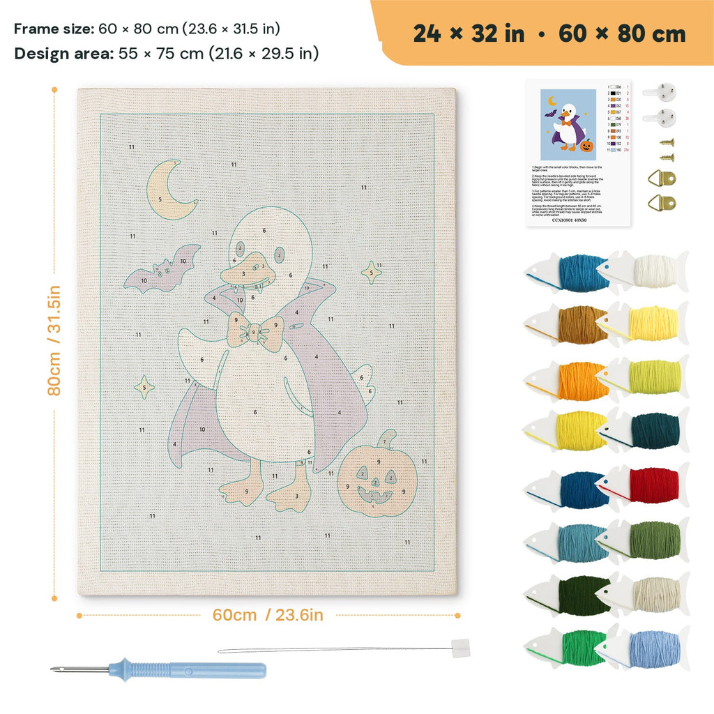 Vampire Goose punch needle kit, 24 × 32 in (60 × 80 cm): canvas size and kit contents