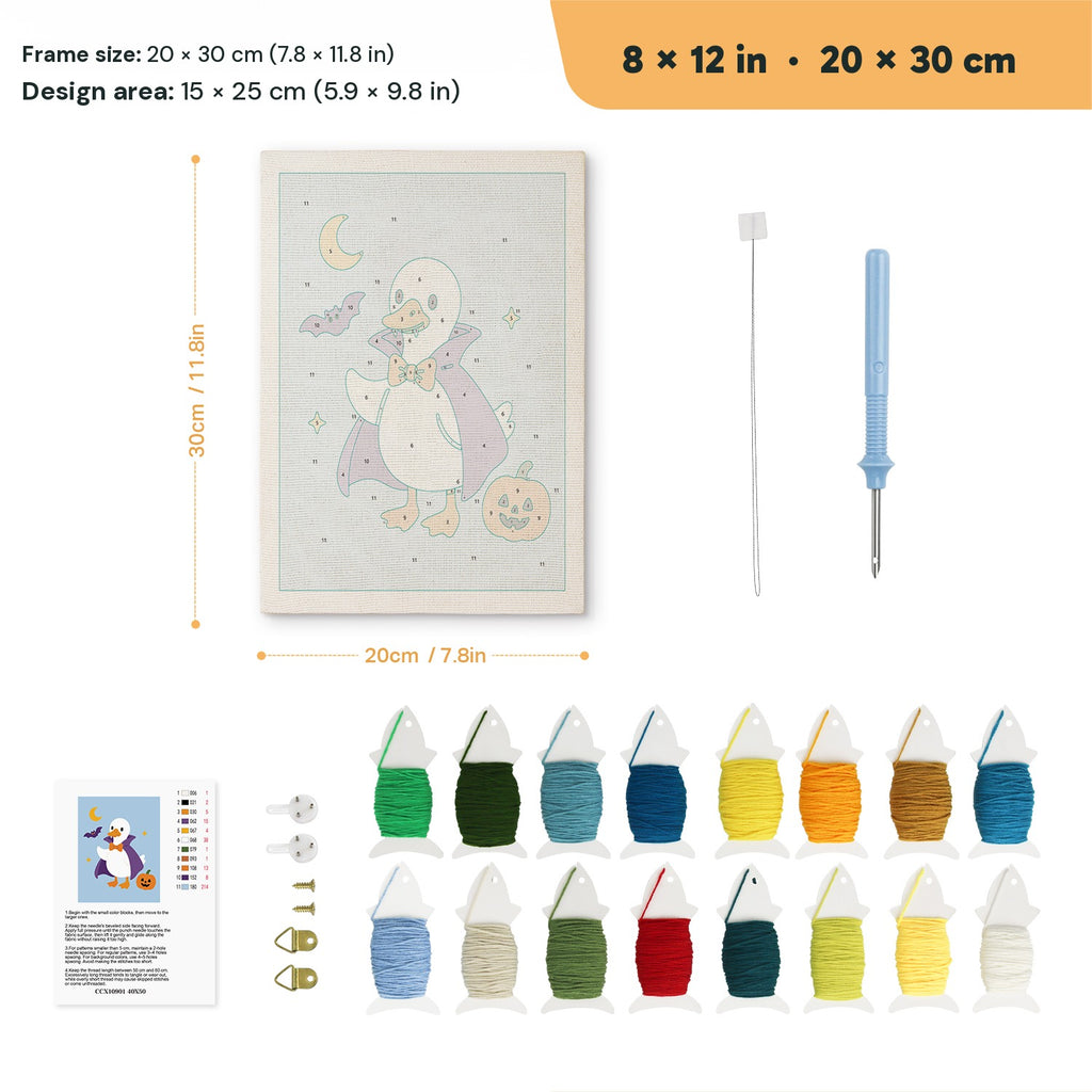 Vampire Goose punch needle kit, 8 × 12 in (20 × 30 cm): canvas size and kit contents