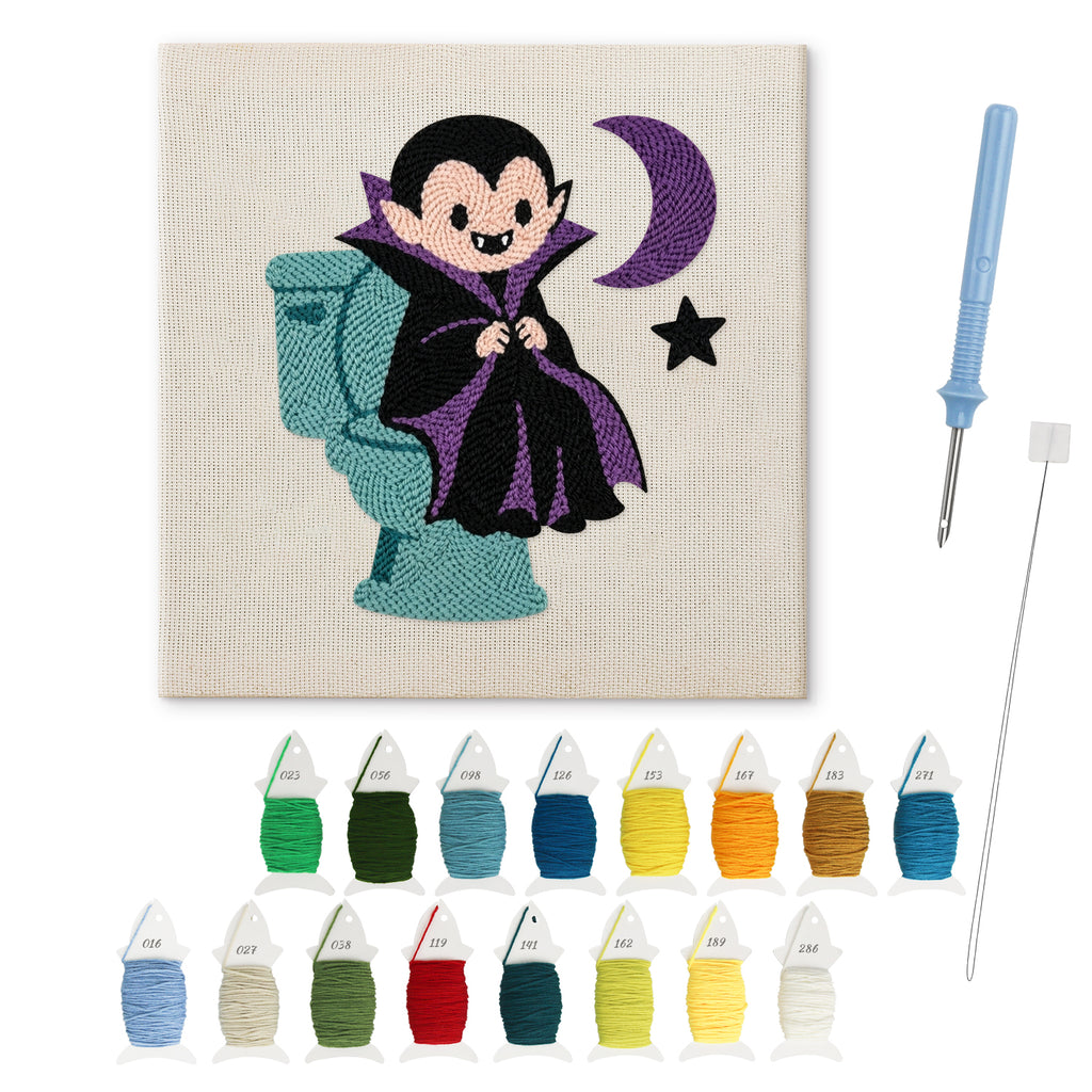 Vampire on the Loo punch needle kit: finished canvas with threads, punch needle and threader