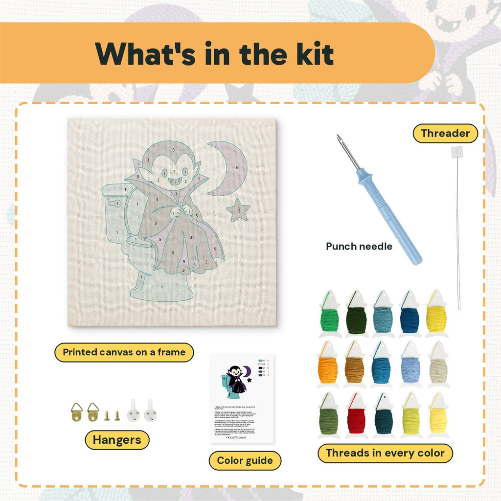 What is in the Vampire on the Loo kit: printed canvas, punch needle, threader, threads, color guide and hangers