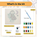 What is in the Vampire on the Loo kit: printed canvas, punch needle, threader, threads, color guide and hangers
