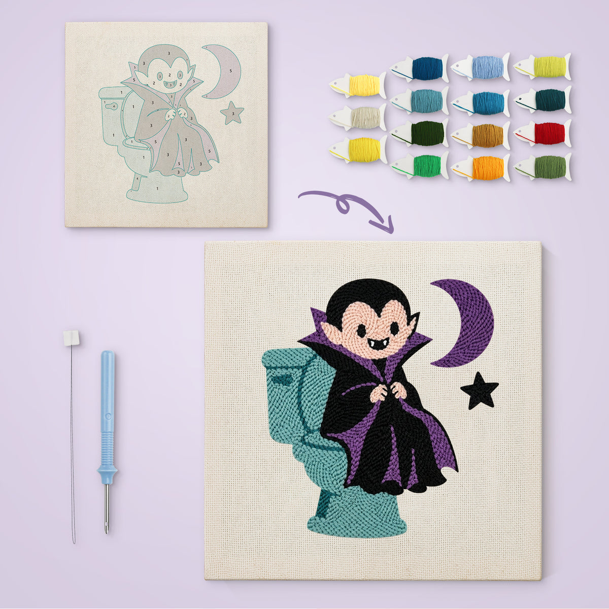Vampire on the Loo canvas before and after punching, with the threads and tools