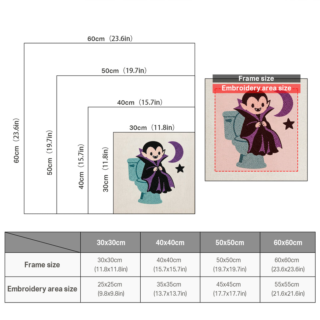 Size chart for square punch needle kits from 30 x 30 cm to 60 x 60 cm