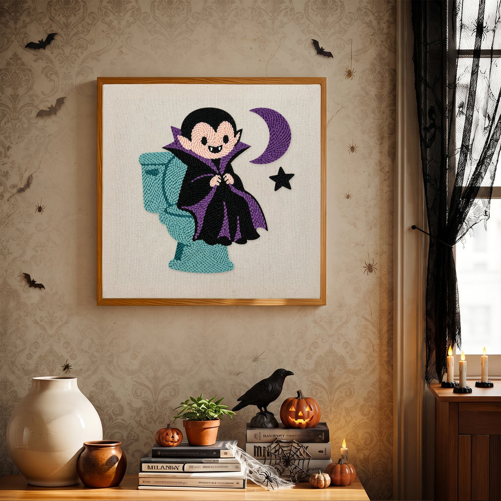 Finished Vampire on the Loo punch needle canvas on a wall