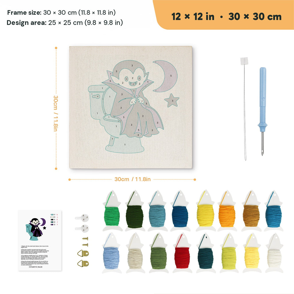 Vampire on the Loo punch needle kit, 12 × 12 in (30 × 30 cm): canvas size and kit contents