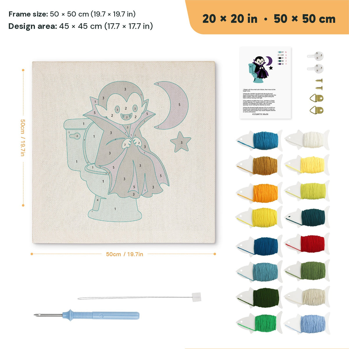 Vampire on the Loo punch needle kit, 20 × 20 in (50 × 50 cm): canvas size and kit contents