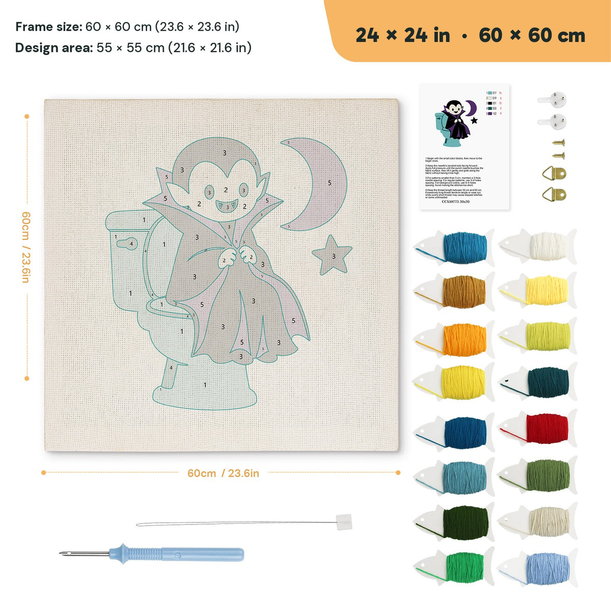Vampire on the Loo punch needle kit, 24 × 24 in (60 × 60 cm): canvas size and kit contents