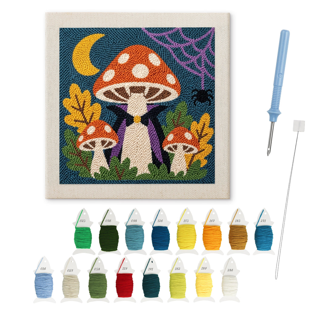 Vampire Toadstool punch needle kit: finished canvas with threads, punch needle and threader