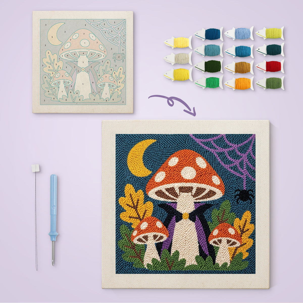 Vampire Toadstool canvas before and after punching, with the threads and tools