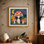 Finished Vampire Toadstool punch needle canvas on a wall