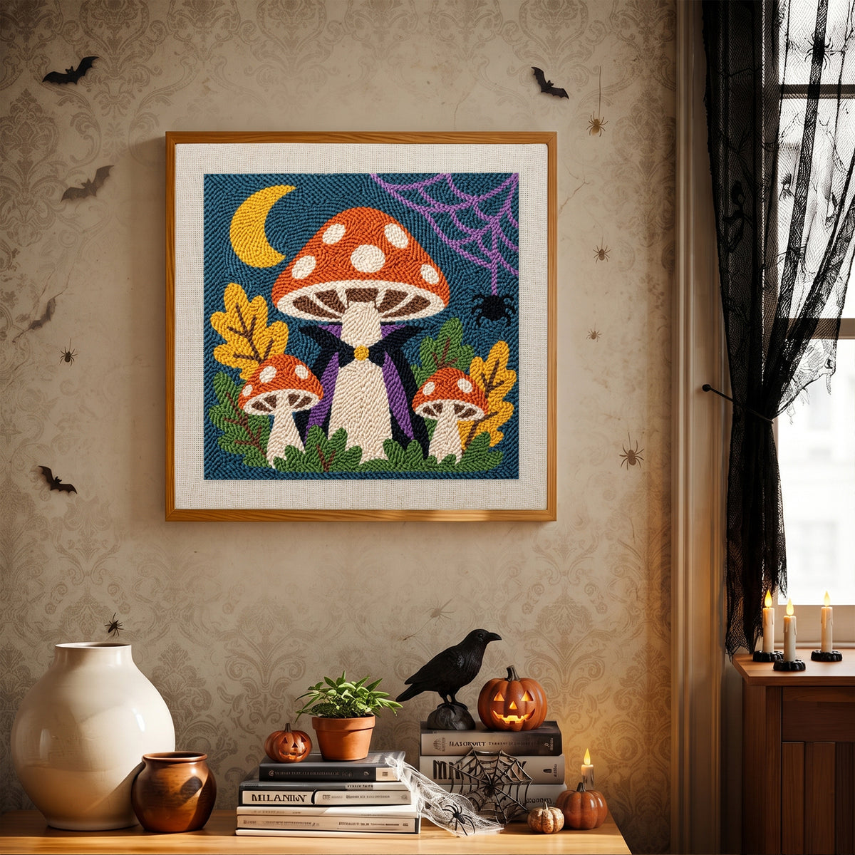 Finished Vampire Toadstool punch needle canvas on a wall