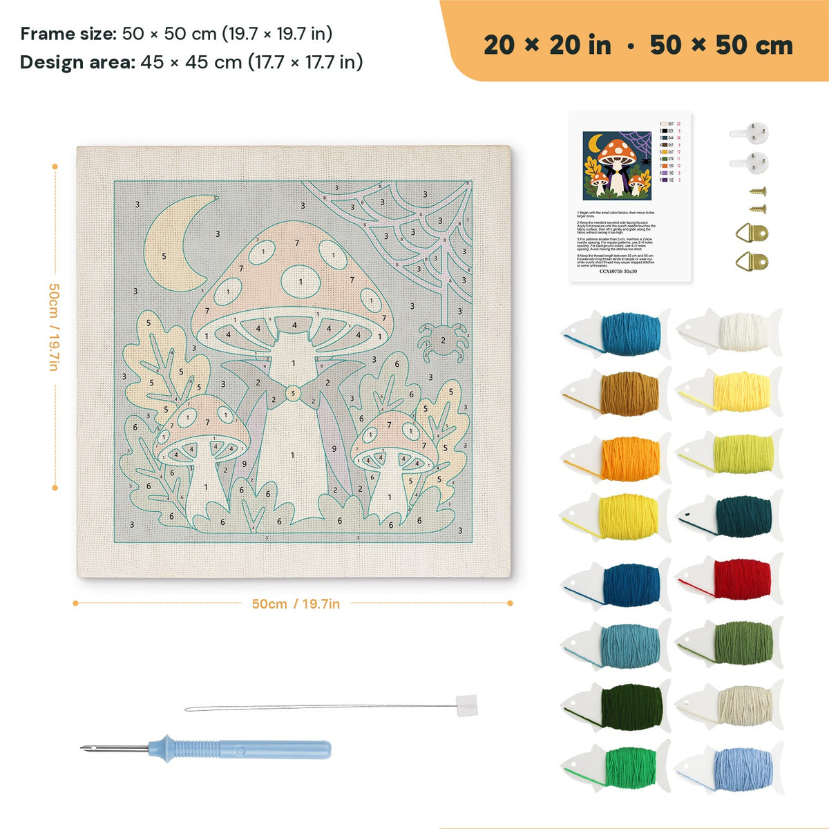 Vampire Toadstool punch needle kit, 20 × 20 in (50 × 50 cm): canvas size and kit contents