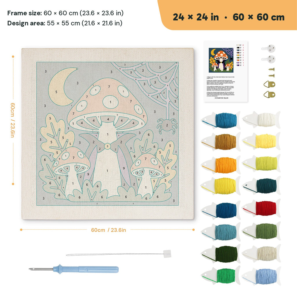 Vampire Toadstool punch needle kit, 24 × 24 in (60 × 60 cm): canvas size and kit contents