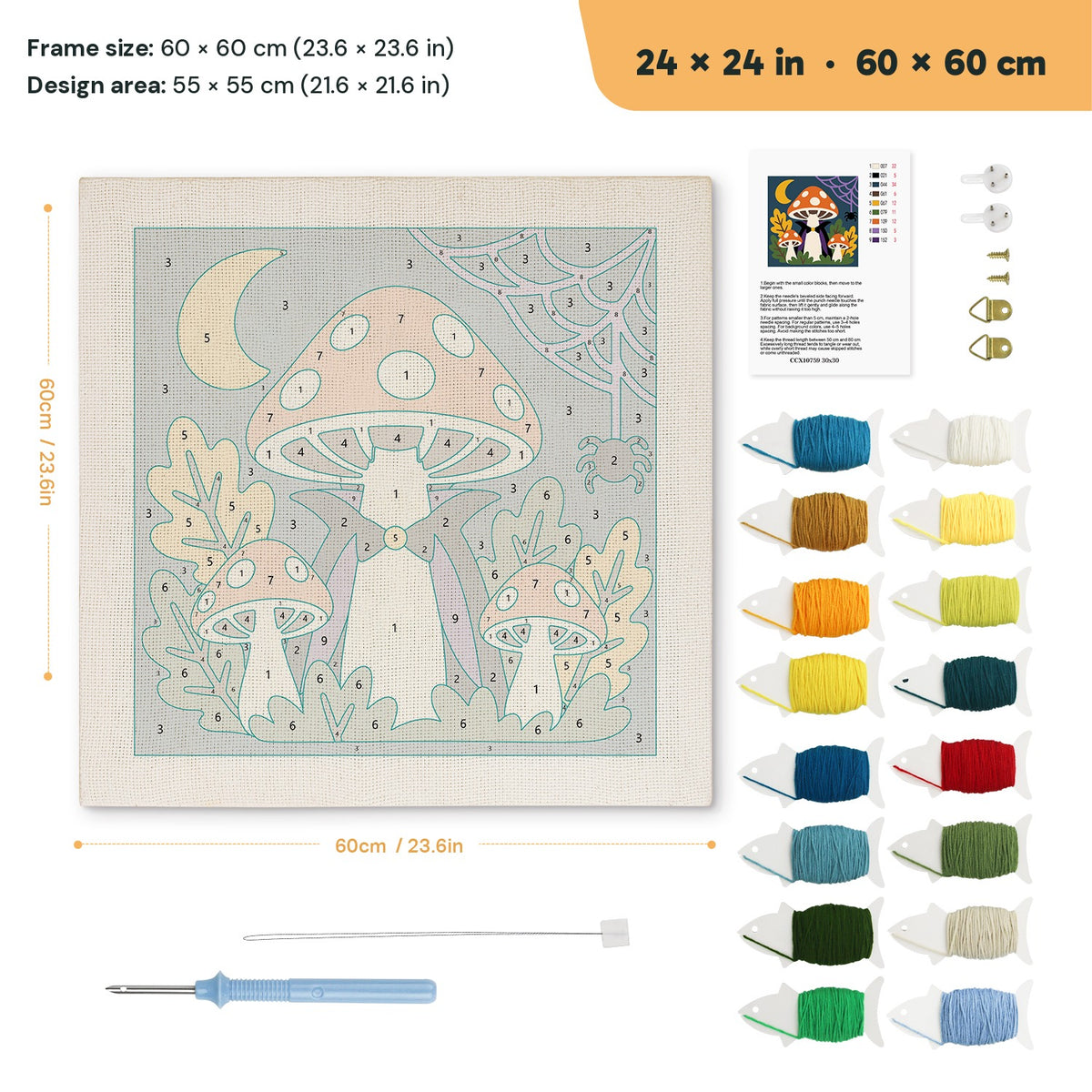 Vampire Toadstool punch needle kit, 24 × 24 in (60 × 60 cm): canvas size and kit contents