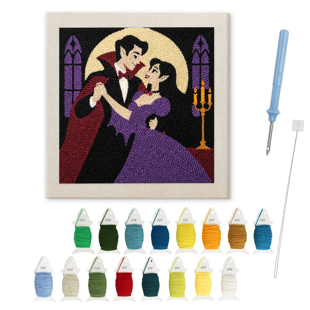 Vampire Waltz punch needle kit: finished canvas with threads, punch needle and threader