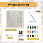 What is in the Vampire Waltz kit: printed canvas, punch needle, threader, threads, color guide and hangers