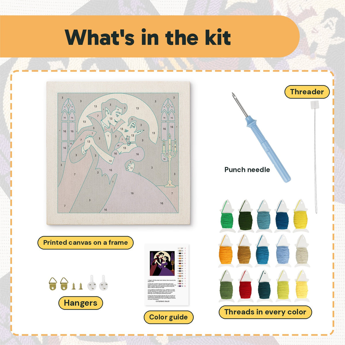 What is in the Vampire Waltz kit: printed canvas, punch needle, threader, threads, color guide and hangers