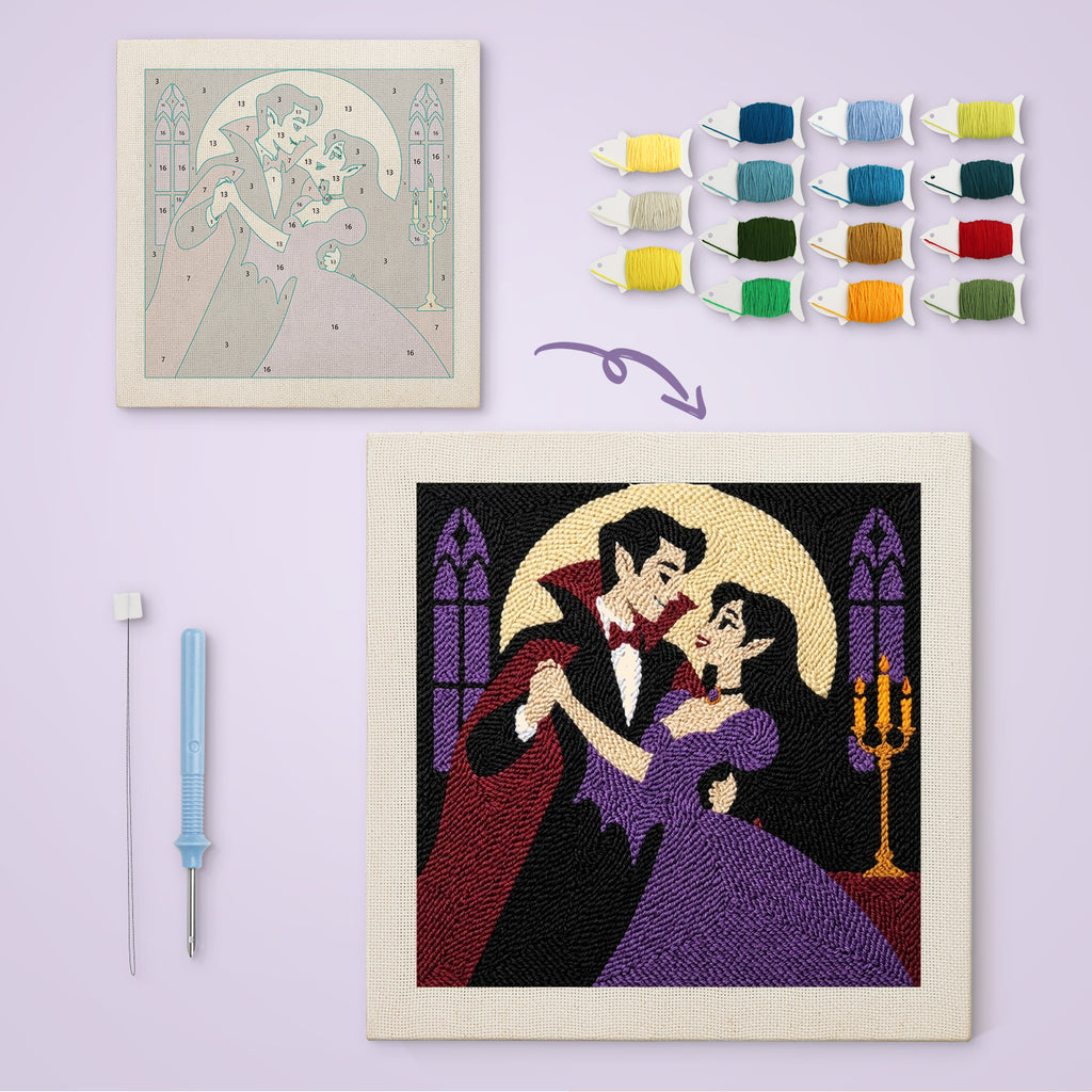 Vampire Waltz canvas before and after punching, with the threads and tools