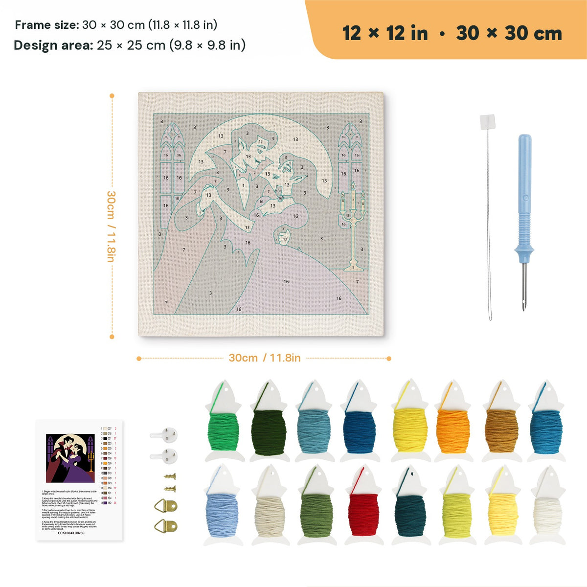 Vampire Waltz punch needle kit, 12 × 12 in (30 × 30 cm): canvas size and kit contents