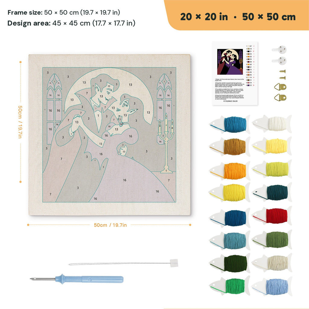 Vampire Waltz punch needle kit, 20 × 20 in (50 × 50 cm): canvas size and kit contents
