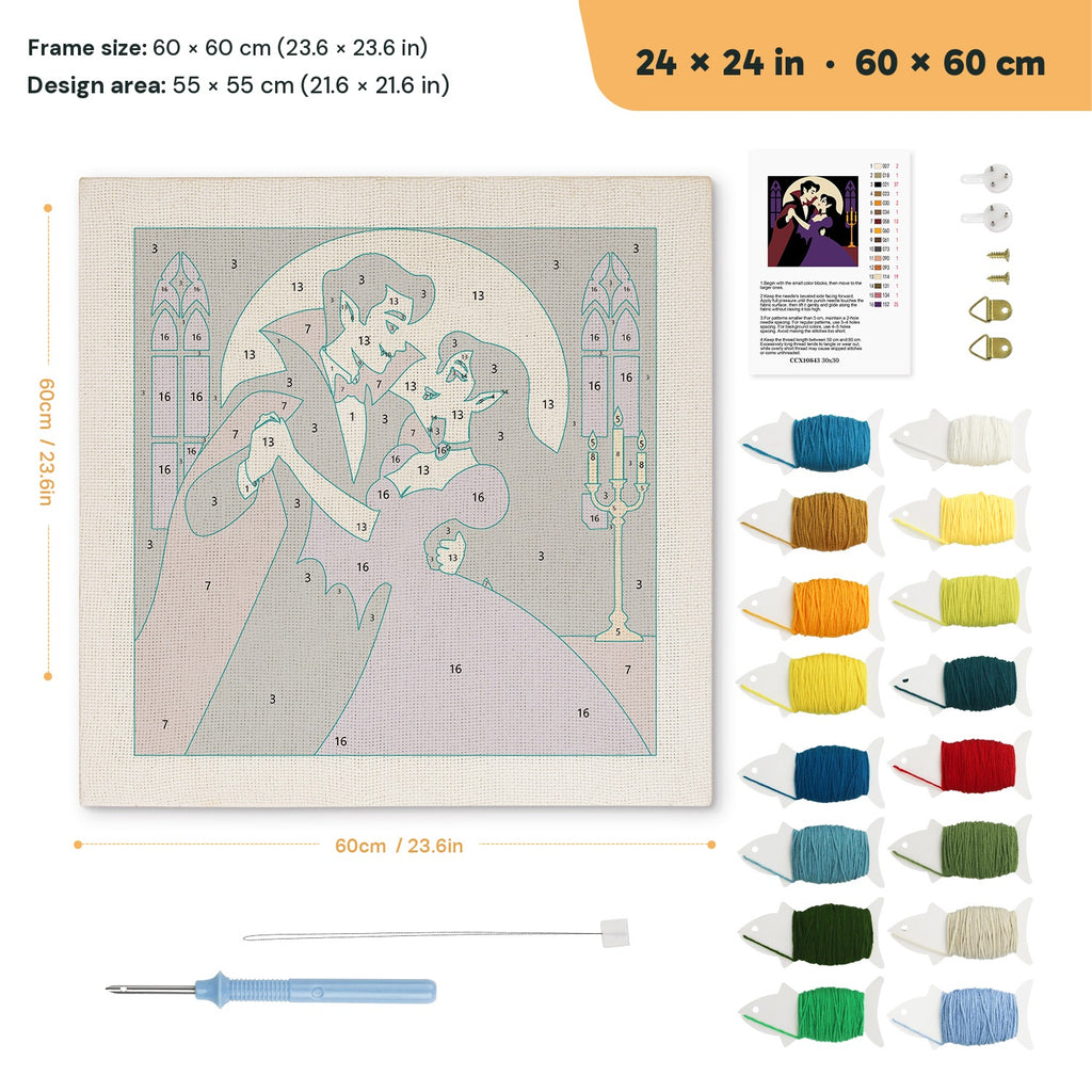 Vampire Waltz punch needle kit, 24 × 24 in (60 × 60 cm): canvas size and kit contents