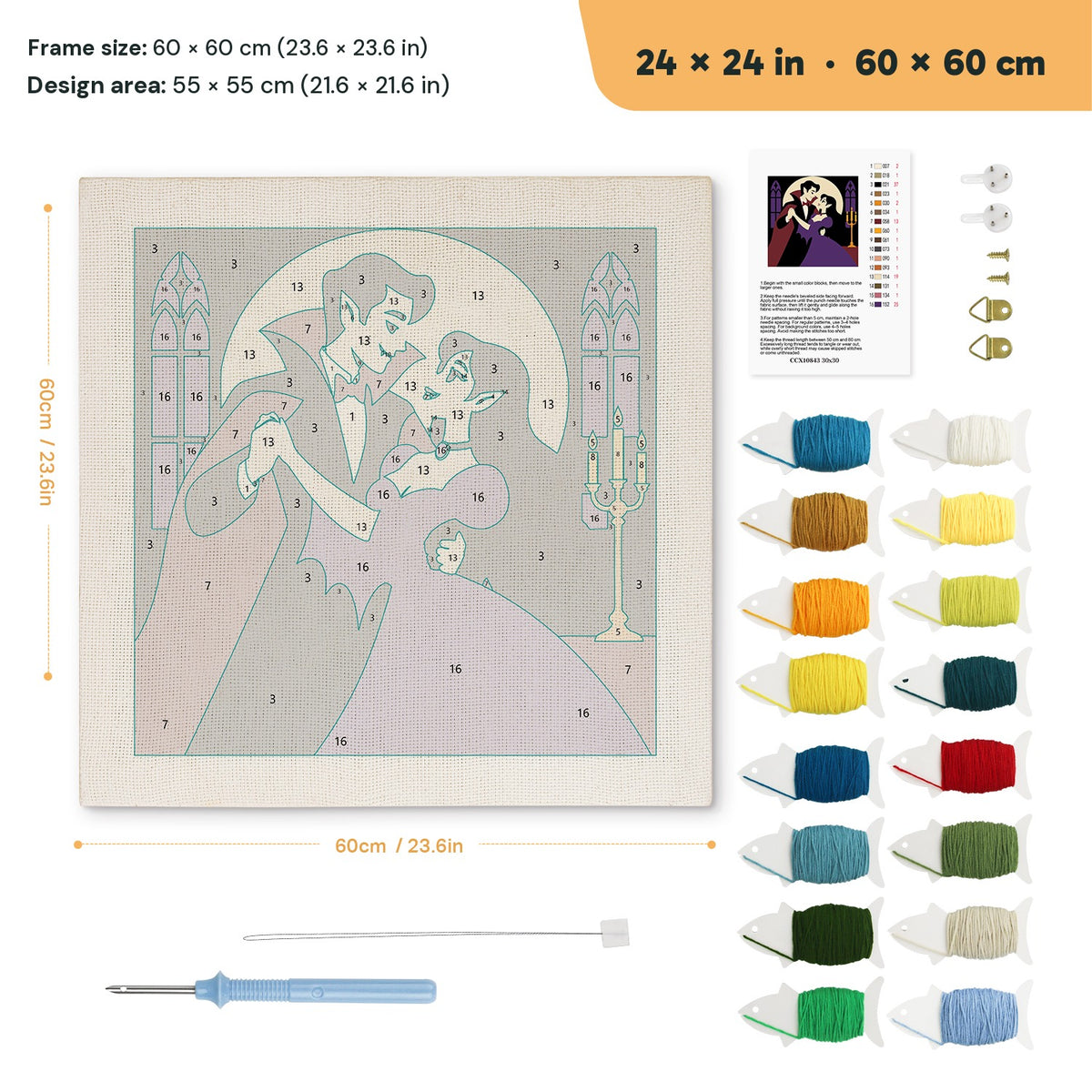 Vampire Waltz punch needle kit, 24 × 24 in (60 × 60 cm): canvas size and kit contents