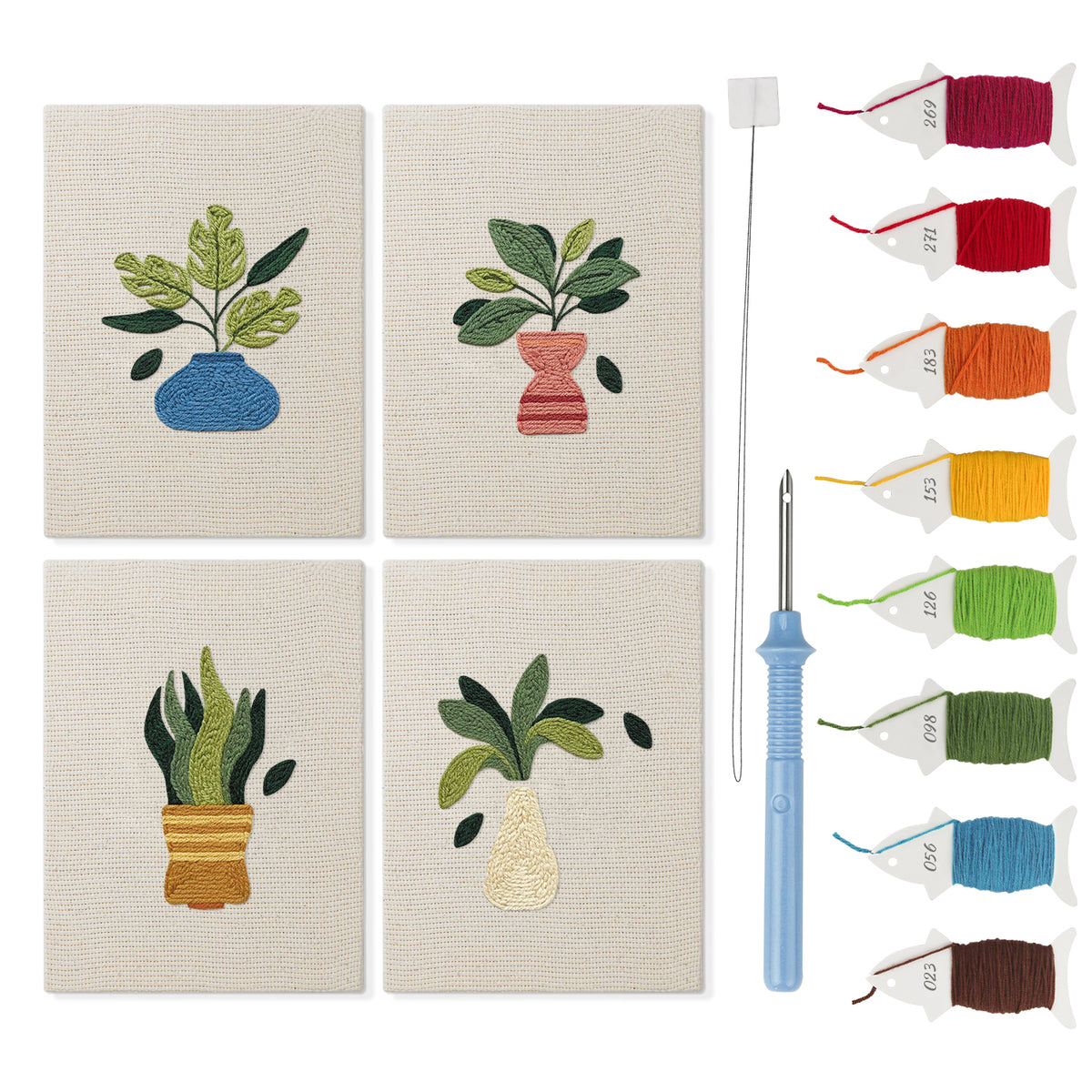 Vase Leaf Quartet mini punch needle kit set: four finished canvases with threads, punch needle and threader