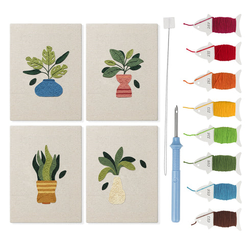 Vase Leaf Quartet mini punch needle kit set: four finished canvases with threads, punch needle and threader
