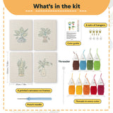What is in the Vase Leaf Quartet set, 8 × 12 in (20 × 30 cm) each: 4 printed canvases, punch needle, threader, threads, color guide and 4 sets of hangers