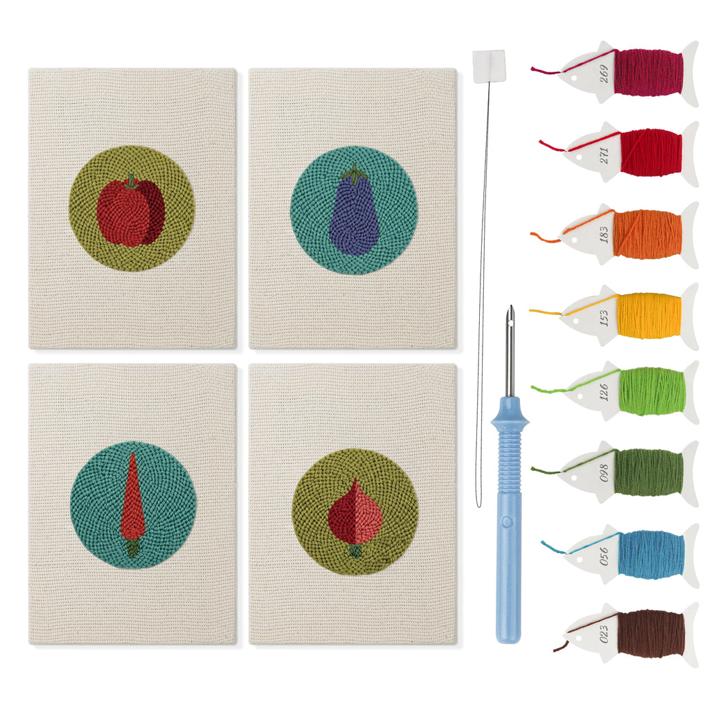 Veggie Circles mini punch needle kit set: four finished canvases with threads, punch needle and threader
