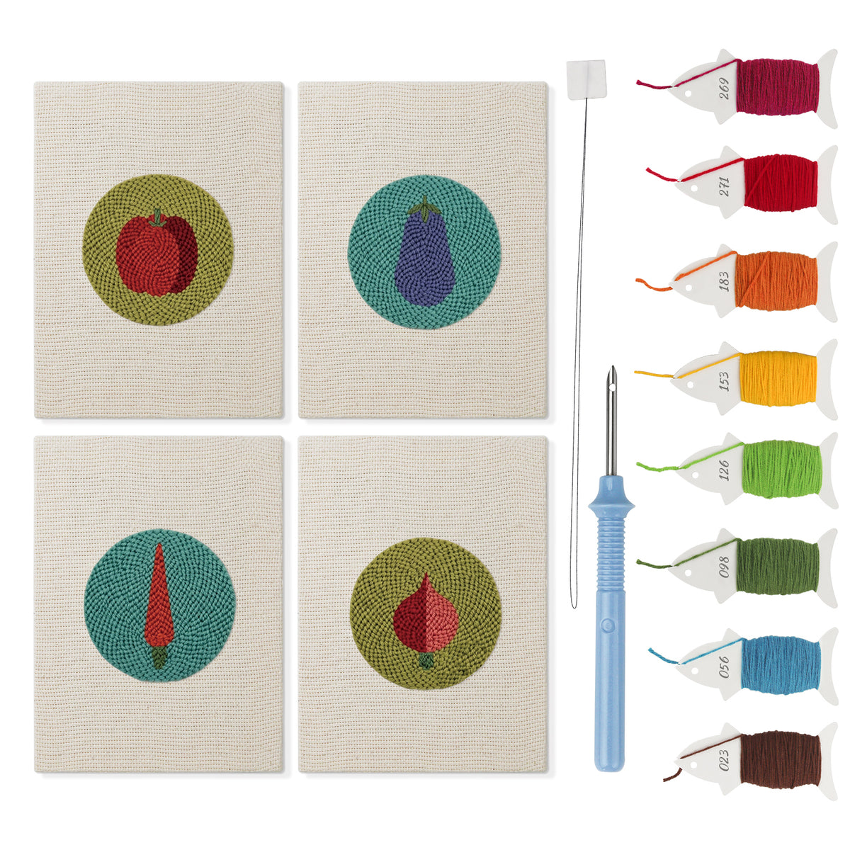 Veggie Circles mini punch needle kit set: four finished canvases with threads, punch needle and threader