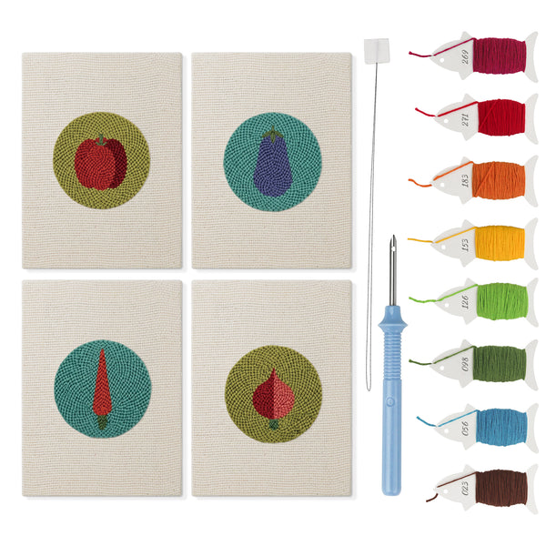 Veggie Circles mini punch needle kit set: four finished canvases with threads, punch needle and threader