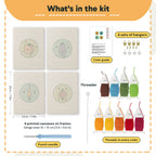 What is in the Veggie Circles set: 4 printed canvases, punch needle, threader, threads, color guide and 4 sets of hangers (6 × 8 in (15 × 20 cm) each)