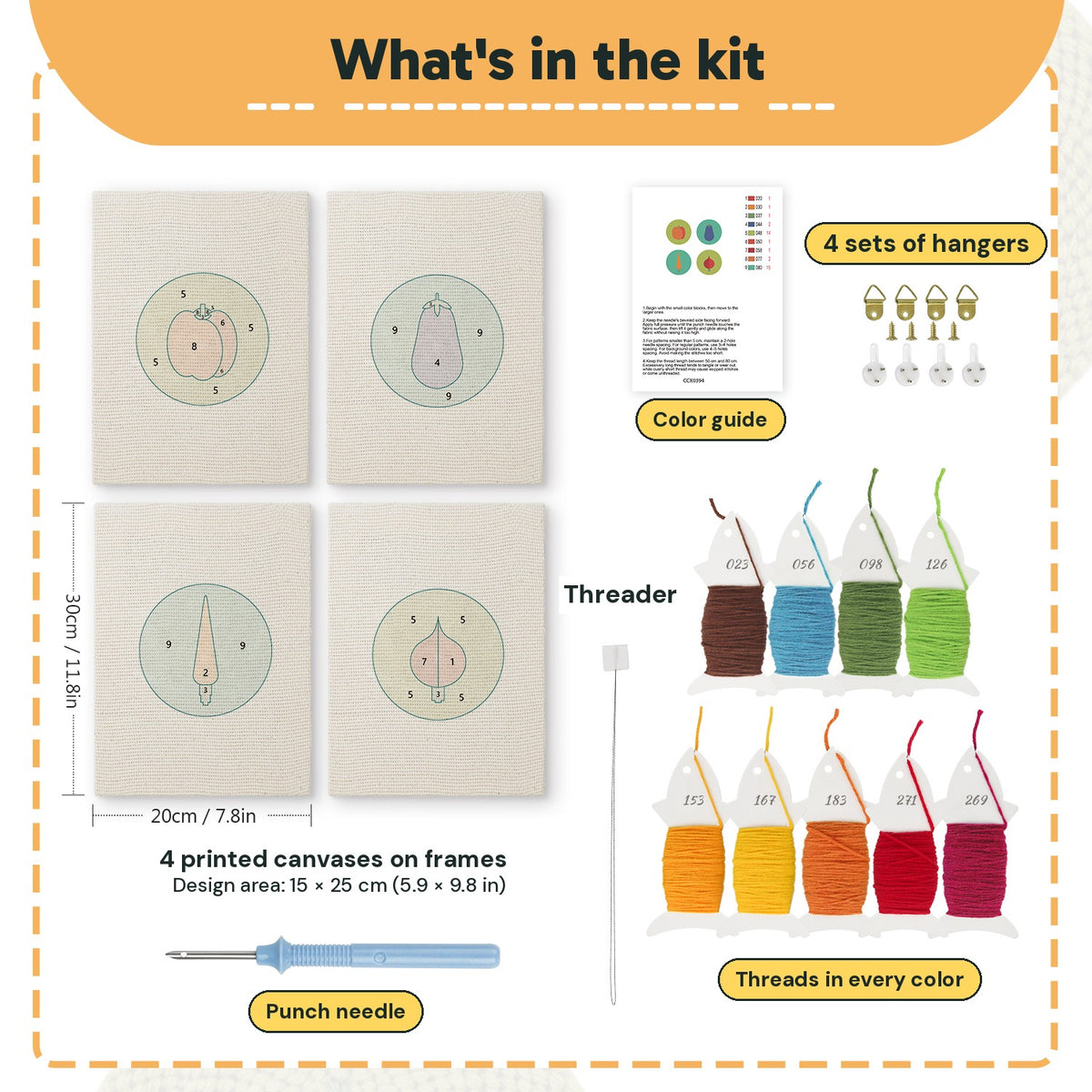 What is in the Veggie Circles set, 8 × 12 in (20 × 30 cm) each: 4 printed canvases, punch needle, threader, threads, color guide and 4 sets of hangers