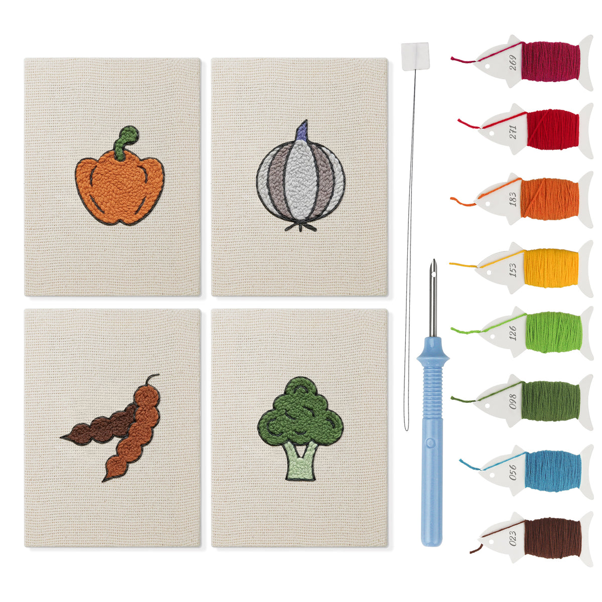Veggie Patch mini punch needle kit set: four finished canvases with threads, punch needle and threader
