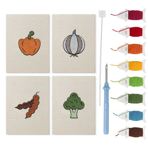Veggie Patch mini punch needle kit set: four finished canvases with threads, punch needle and threader