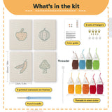 What is in the Veggie Patch set: 4 printed canvases, punch needle, threader, threads, color guide and 4 sets of hangers (6 × 8 in (15 × 20 cm) each)