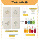 What is in the Veggie Patch set, 8 × 12 in (20 × 30 cm) each: 4 printed canvases, punch needle, threader, threads, color guide and 4 sets of hangers